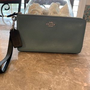 Coach Sage Blue and Black Pebbled Leather Wristlet No. L1782-28425